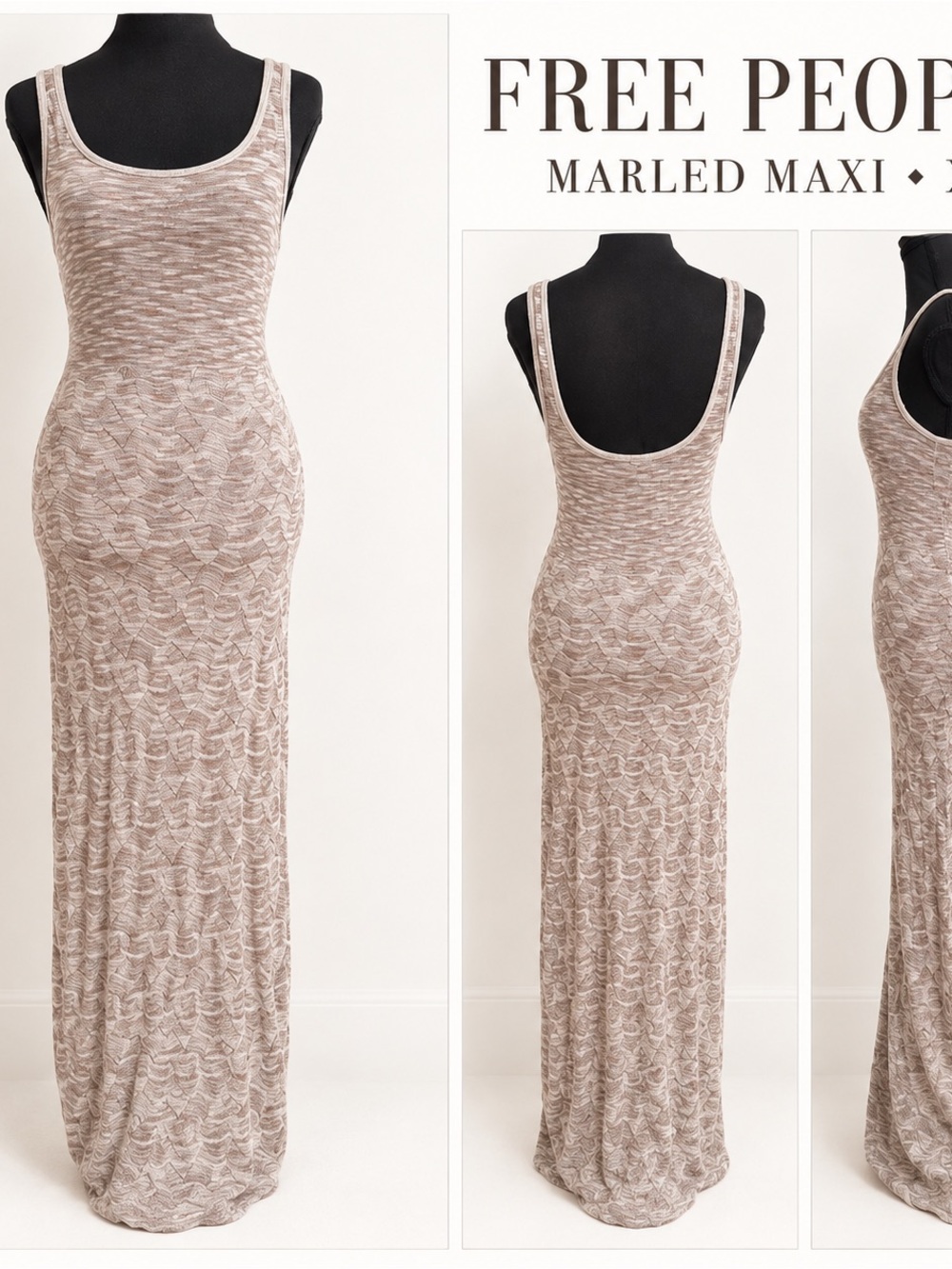 Free People Marled Knit Scoop Back Maxi Dress Beige XS